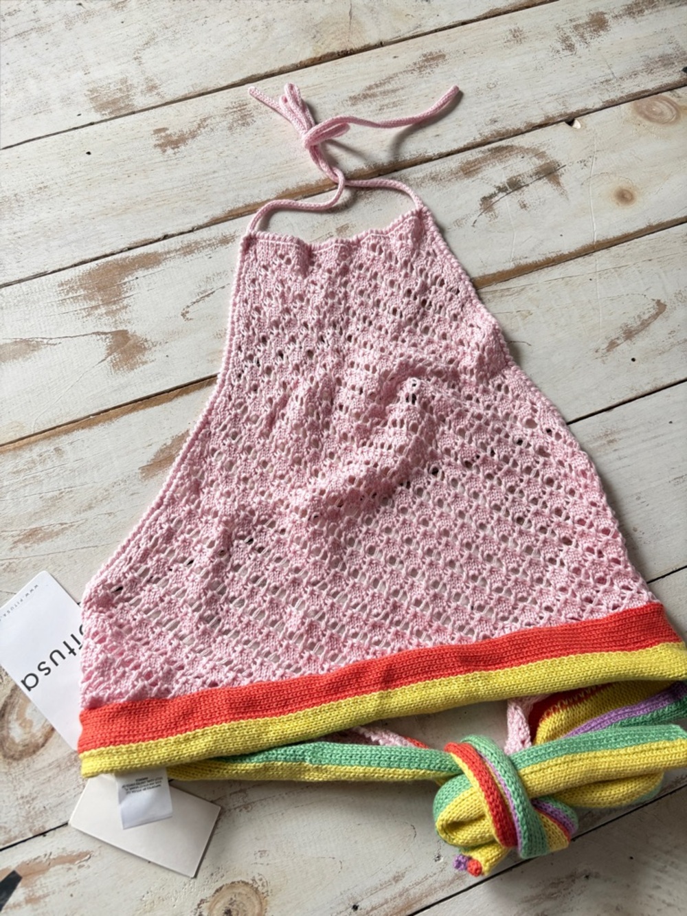 PISTULA crochet pink rainbow cropped halter festival summer vacation NWT sz S
